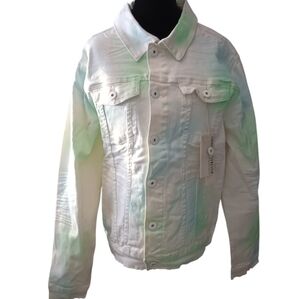 KDNK Stylish White Denim Jacket With Green And Blue.